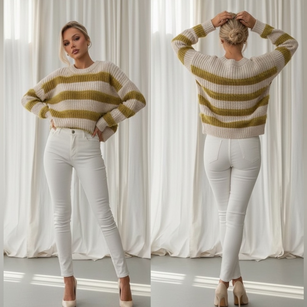 Easel mustard yellow sweater striped fur fringe